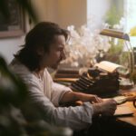 A man with long hair examines a manuscript using a magnifying glass in a cozy study.